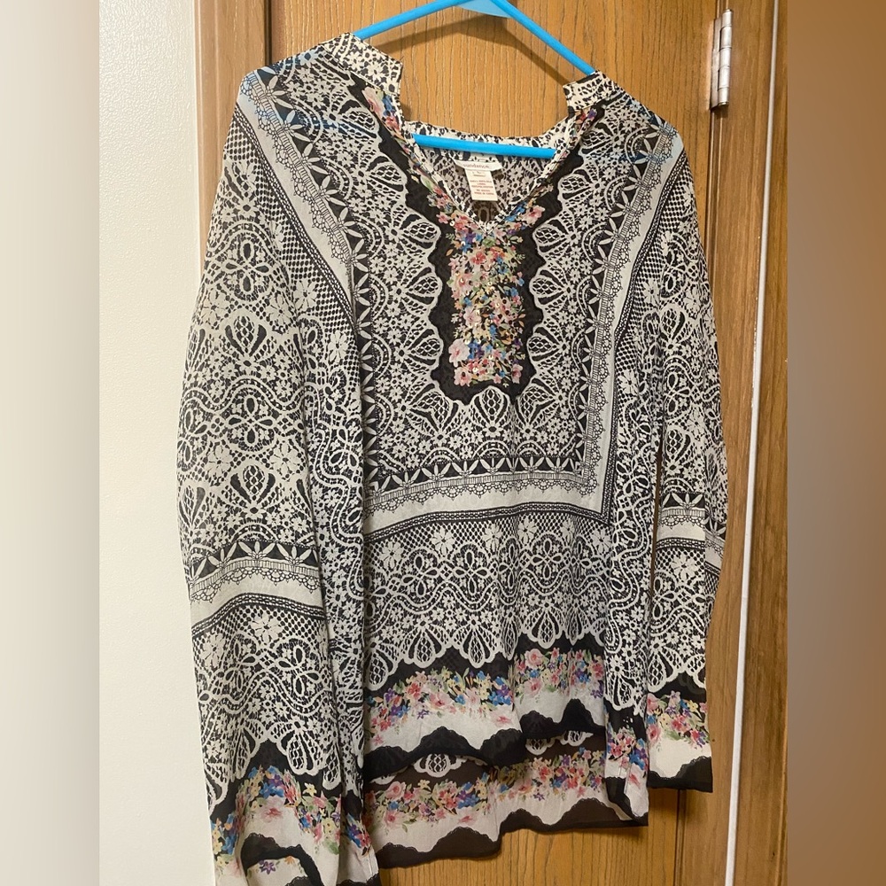 Sundance Black & White Lace Print Silk Tunic Top Floral Sequin Beaded L